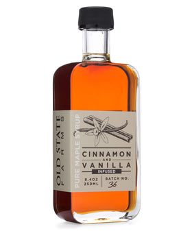 Old State Farms cinnamon-vanilla maple syrup bottle ideal for pancake drizzle.