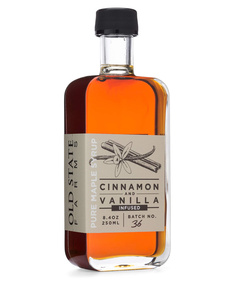 Old State Farms cinnamon-vanilla maple syrup bottle ideal for pancake drizzle.