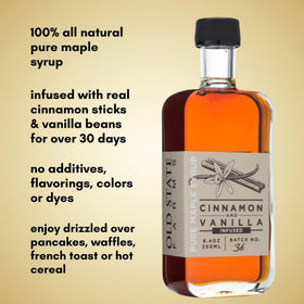 Old State Farms vanilla-cinnamon syrup on pancakes enhances breakfast flavor.