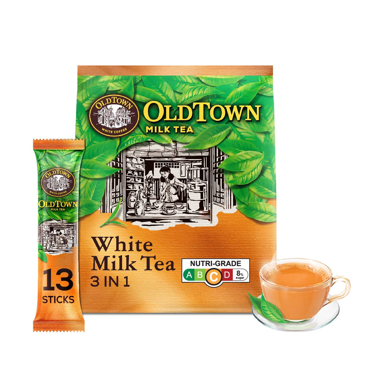 OLD TOWN 3 in 1 White Milk Tea sticks in a pack for quick, creamy beverages