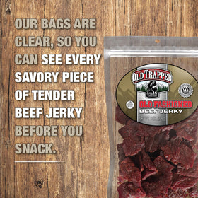 Old Trapper beef jerky-slices-closeup highlights tender texture and smoky flavor for snacking