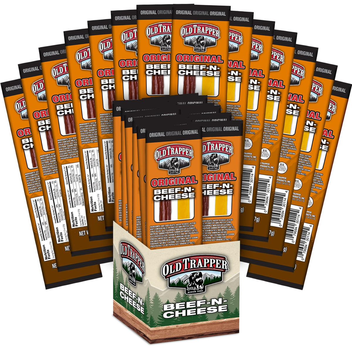 Old Trapper Beef-N-Cheese original packaging, convenient on-the-go snack.