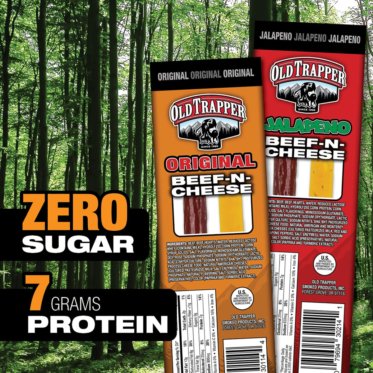 Old Trapper Beef-N-Cheese original sticks and cheese cross-section, satisfying snack.