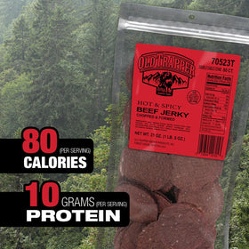 Close up of Old Trapper jerky medallions highlighting tender texture and bold heat