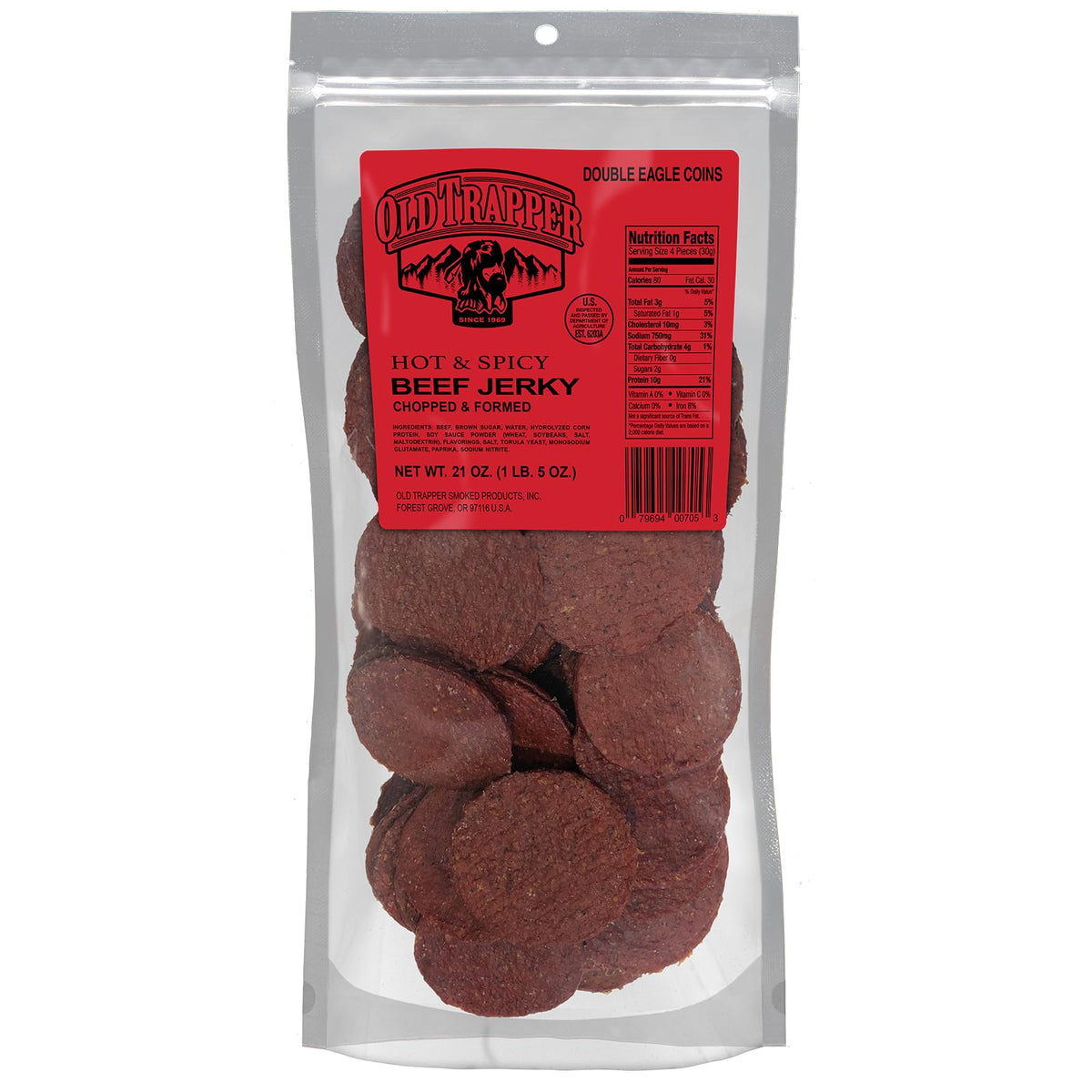 Old Trapper Double Eagle hot and spicy jerky packaging shows bold flavor and convenient snacking