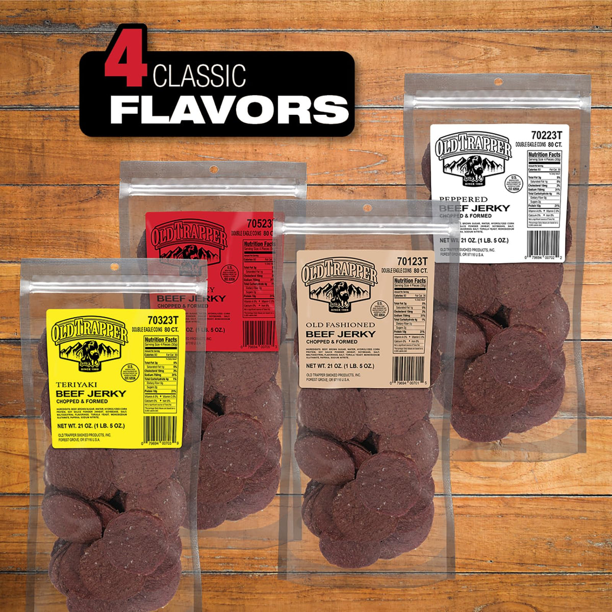 Smoked beef jerky with natural wood smoke aroma from Old Trapper for a satisfying snack