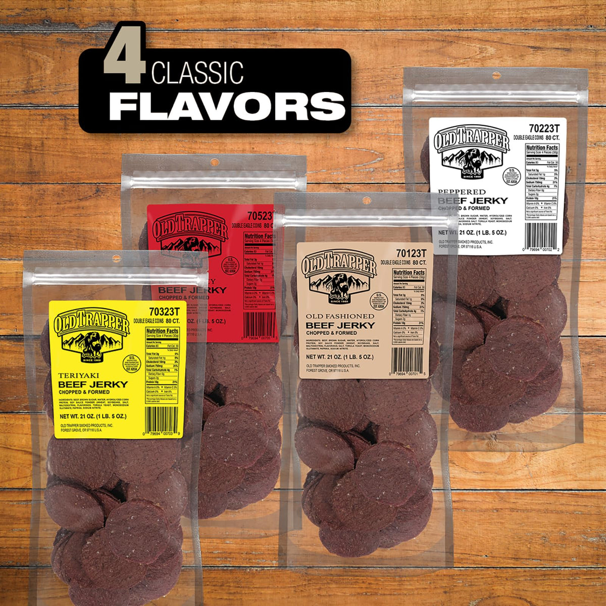Old Trapper Double Eagle 21-ounce bag emphasizes bulk value for sharing.