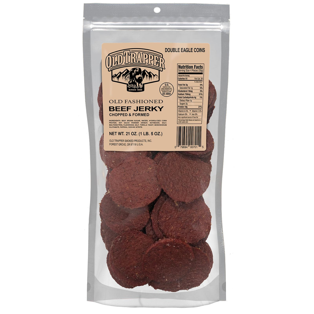 Old Trapper Double Eagle jerky coin-shaped packaging, convenient reseal for on-the-go snacking.