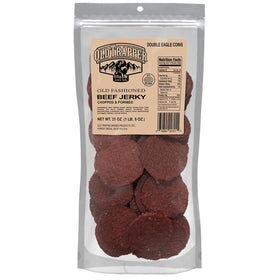 Old Trapper Double Eagle jerky coin-shaped packaging, convenient reseal for on-the-go snacking.