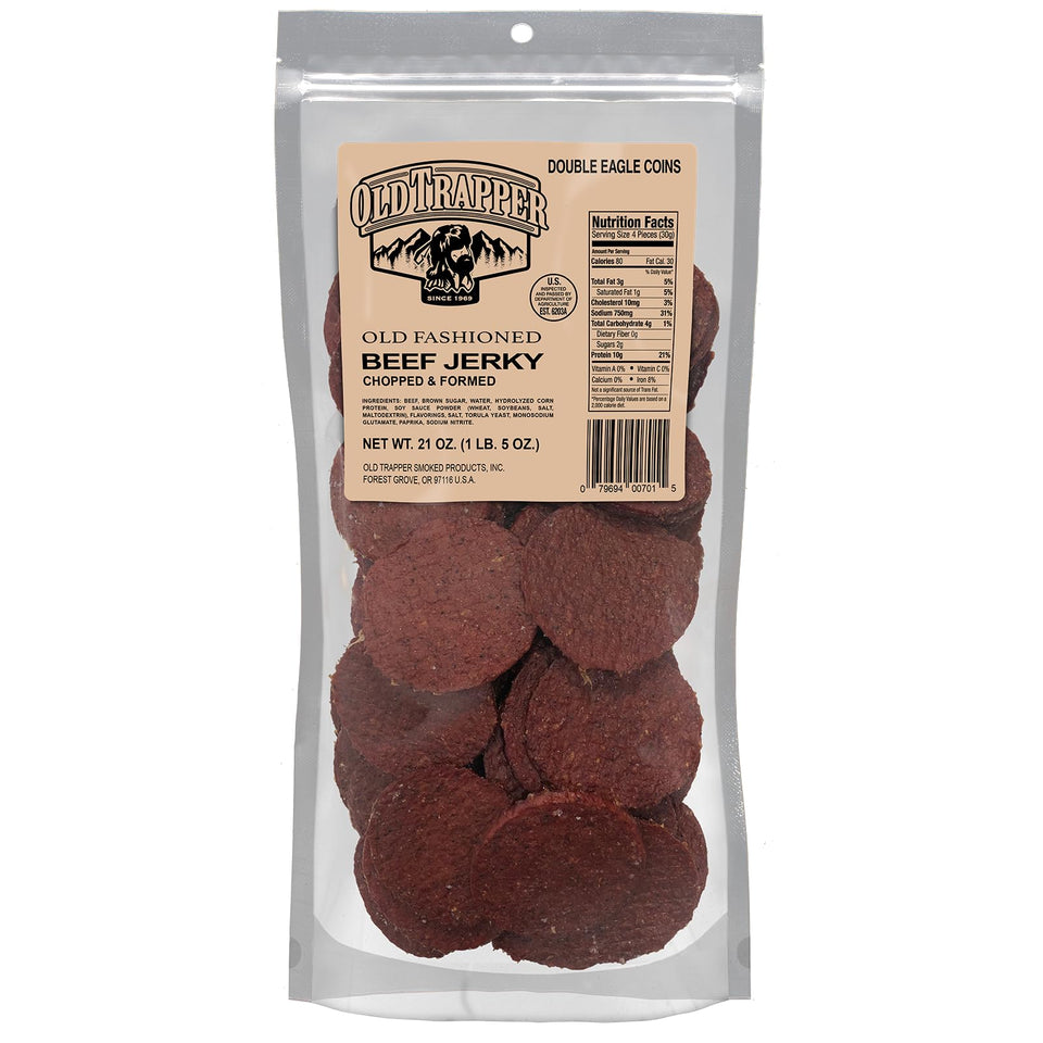 Old Trapper Double Eagle jerky coin-shaped packaging, convenient reseal for on-the-go snacking.