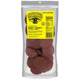 Old Trapper Double Eagle jerky pack, teriyaki flavor, bulk 21-ounce bag for snacking.