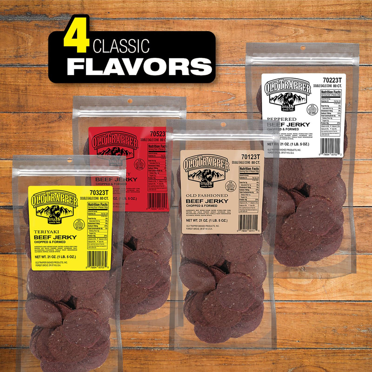Old Trapper Double Eagle jerky serving, convenient resealable bag for on-the-go protein.