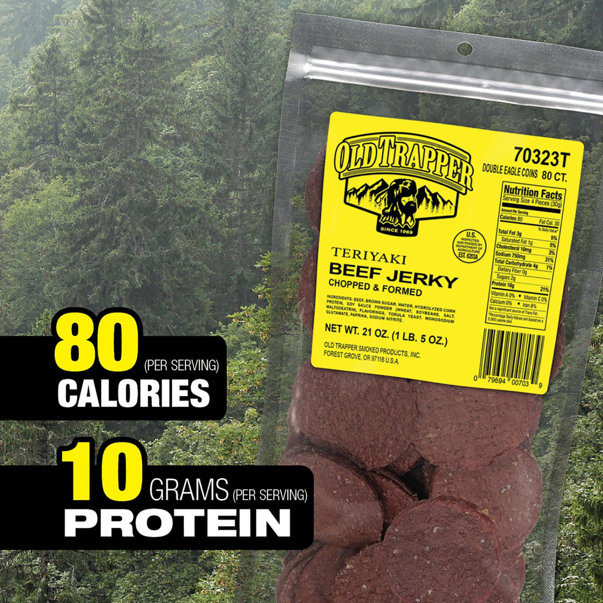 Old Trapper Double Eagle teriyaki jerky wood-smoke image, rich flavor and premium texture.