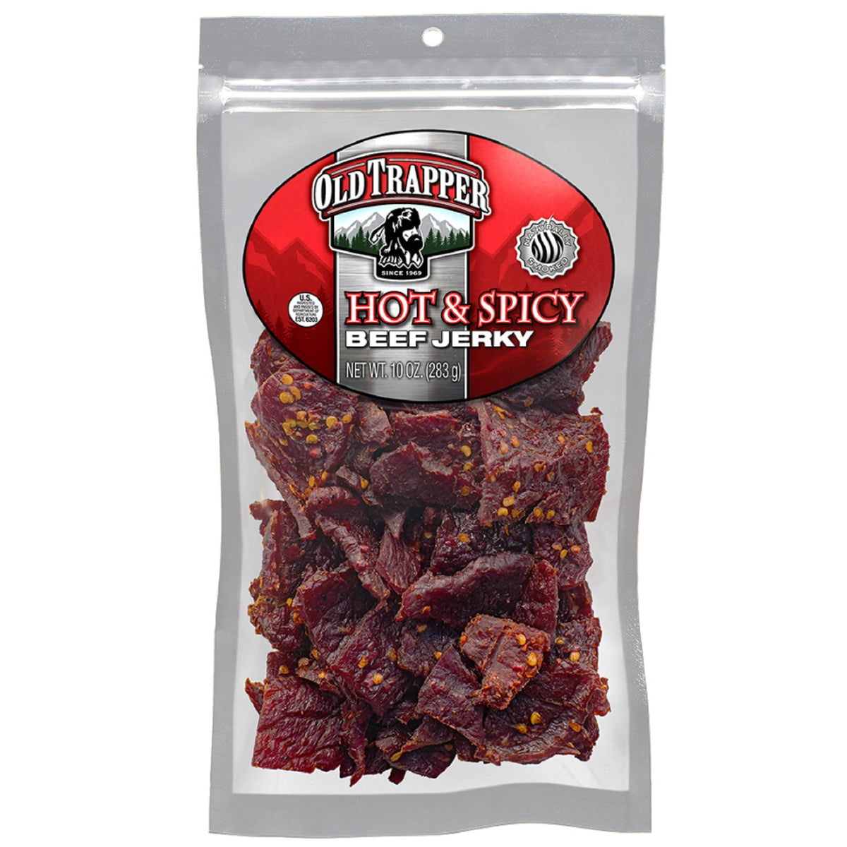Old Trapper Hot and Spicy beef jerky 10 oz bag shows bold flavor and portable protein