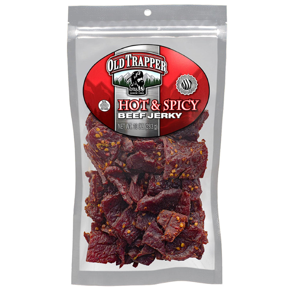 Old Trapper Hot and Spicy beef jerky 10 oz bag shows bold flavor and portable protein