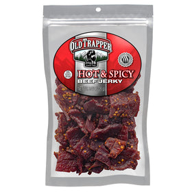 Old Trapper Hot & Spicy Beef Jerky 8oz pack; protein-rich snack for meals on the go.