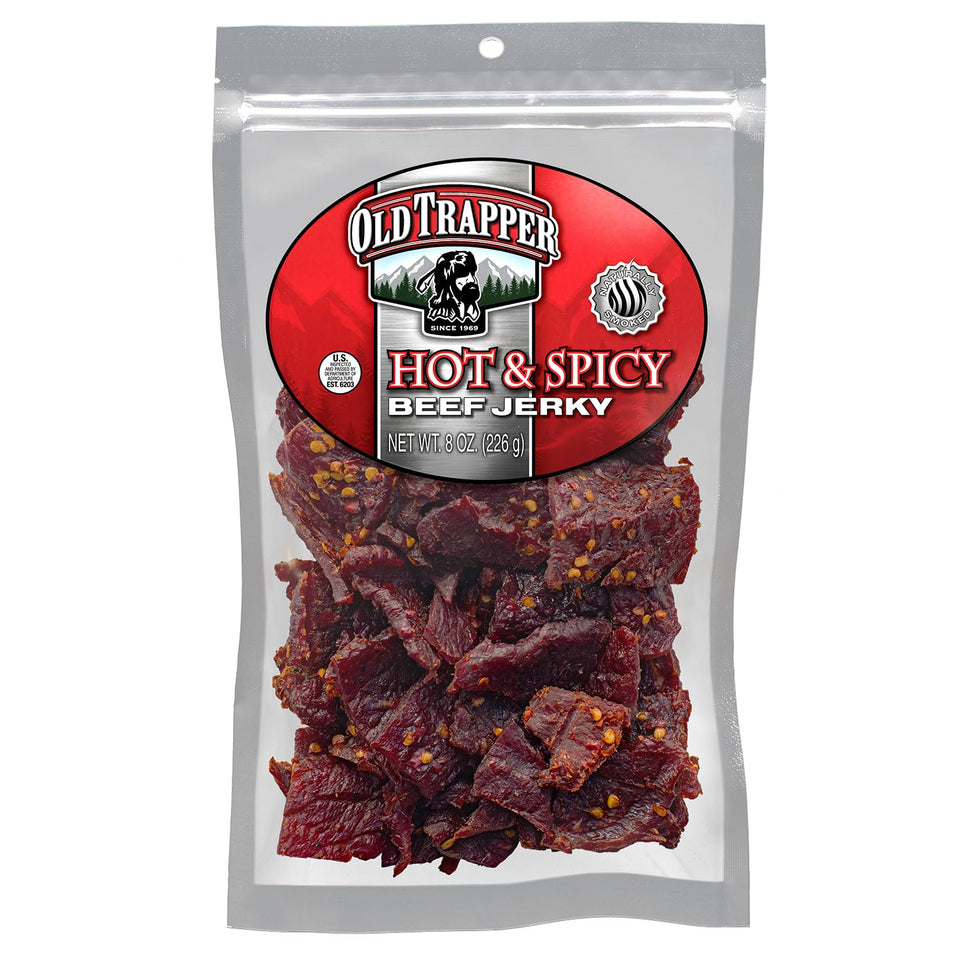 Old Trapper Hot & Spicy Beef Jerky 8oz pack; protein-rich snack for meals on the go.