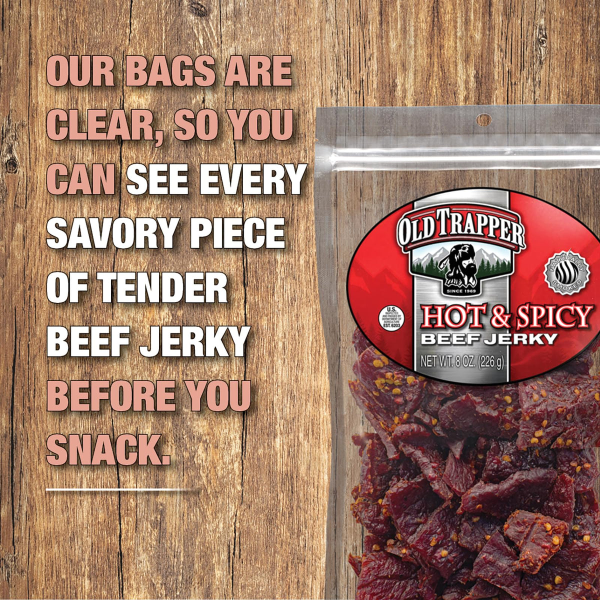 Old Trapper Hot & Spicy Beef Jerky bag; resealable packaging keeps freshness between bites at work.