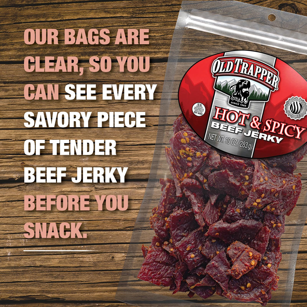 Aromatic smoke rising from Old Trapper Hot & Spicy beef jerky