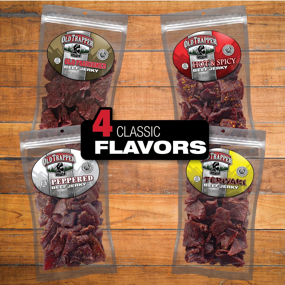 Tender texture of Old Trapper jerky with red pepper specks for a spicy snack
