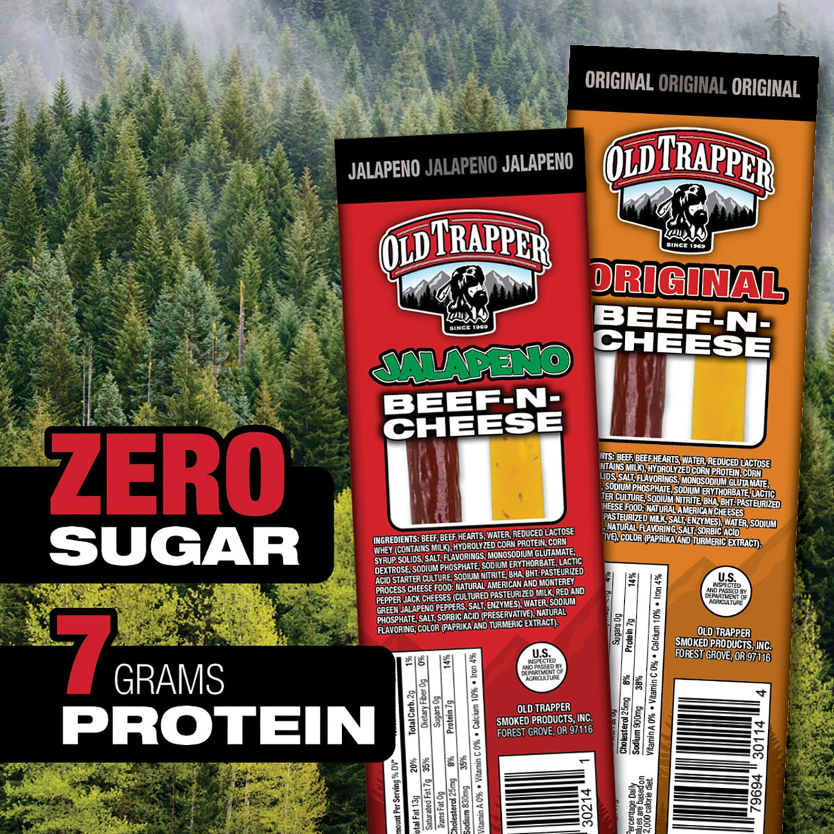 Old Trapper Jalapeno Beef-N-Cheese pack-14 display, perfect bulk snack for trips.