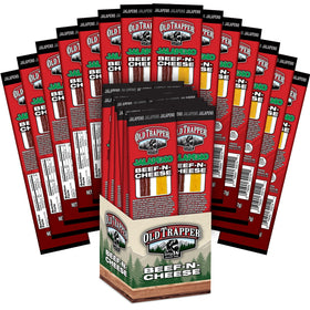 Old Trapper Jalapeno Beef-N-Cheese snack-stick closeup, ideal for lunch boxes.