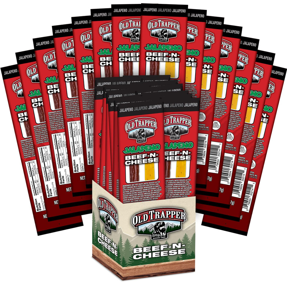 Old Trapper Jalapeno Beef-N-Cheese snack-stick closeup, ideal for lunch boxes.