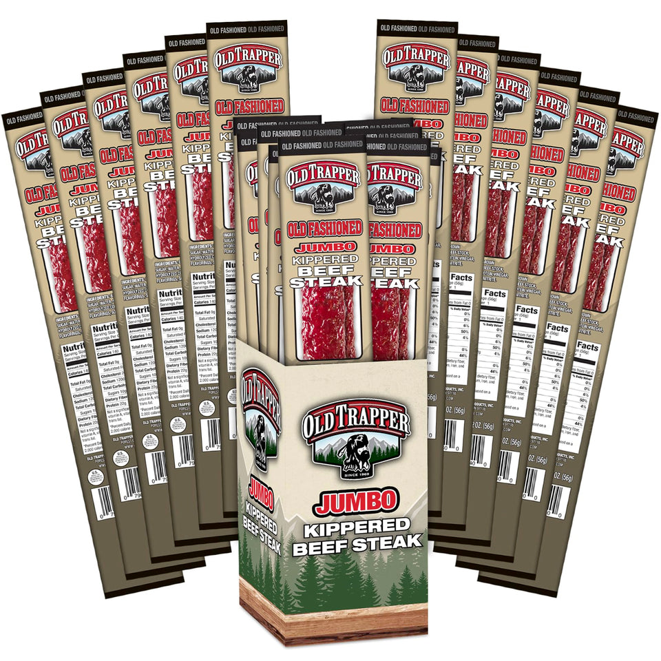 Old Trapper Kippered Steak packaging showing convenient, protein-rich snack for busy days