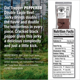 Old Trapper Peppered Double Eagle Beef Jerky showing 10g protein per bag for energy.