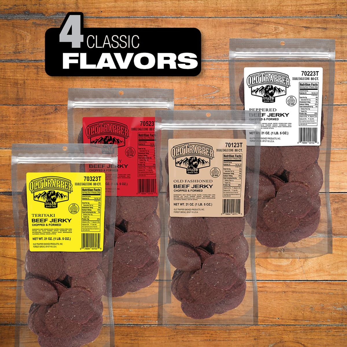 Old Trapper Peppered Double Eagle Beef Jerky bag containing 80 pieces for sharing or on the go.
