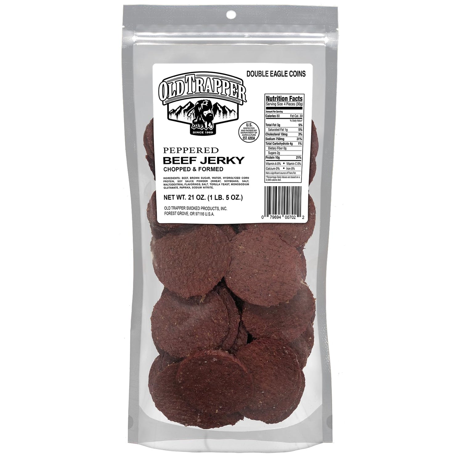 Old Trapper Peppered Double Eagle Beef Jerky with real wood smoking for bold flavor.
