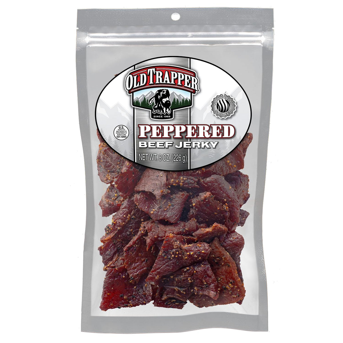 Old Trapper Peppered Beef Jerky 8 oz bag, great for protein-packed on-the-go snacking.