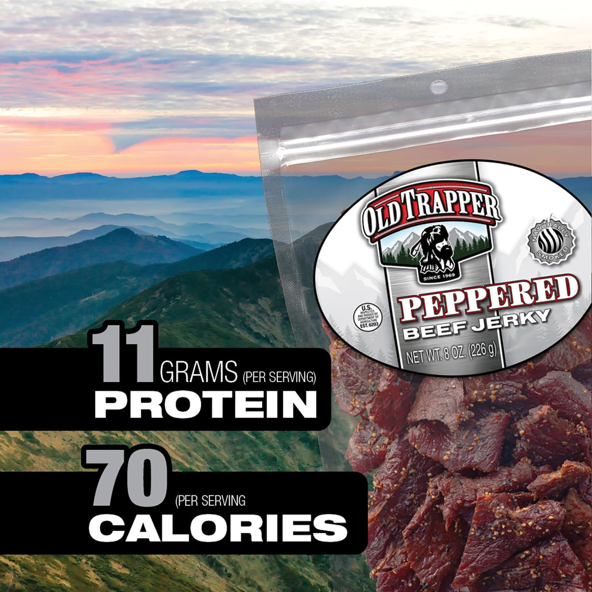 Old Trapper Peppered Jerky travel pack, perfect for gym bag or road trips.