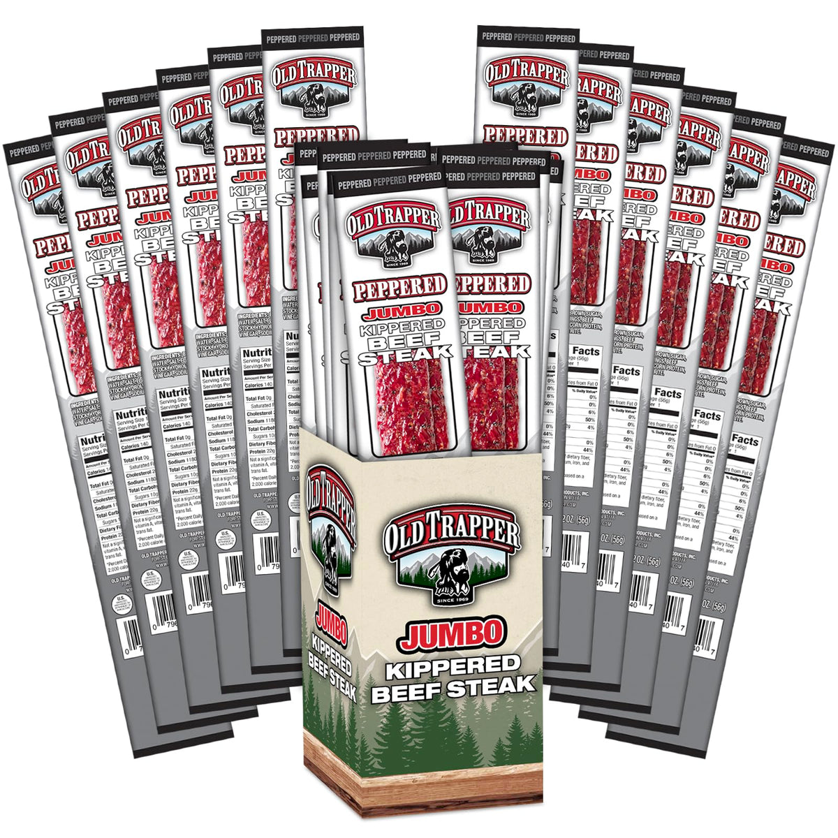 Old Trapper Peppered Kippered Beef Steak pack in a 12-pack high-protein snack