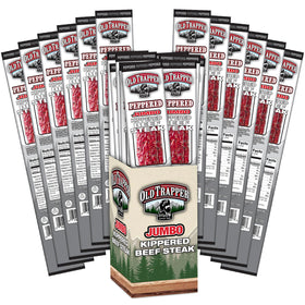 Old Trapper Peppered Kippered Beef Steak pack in a 12-pack high-protein snack