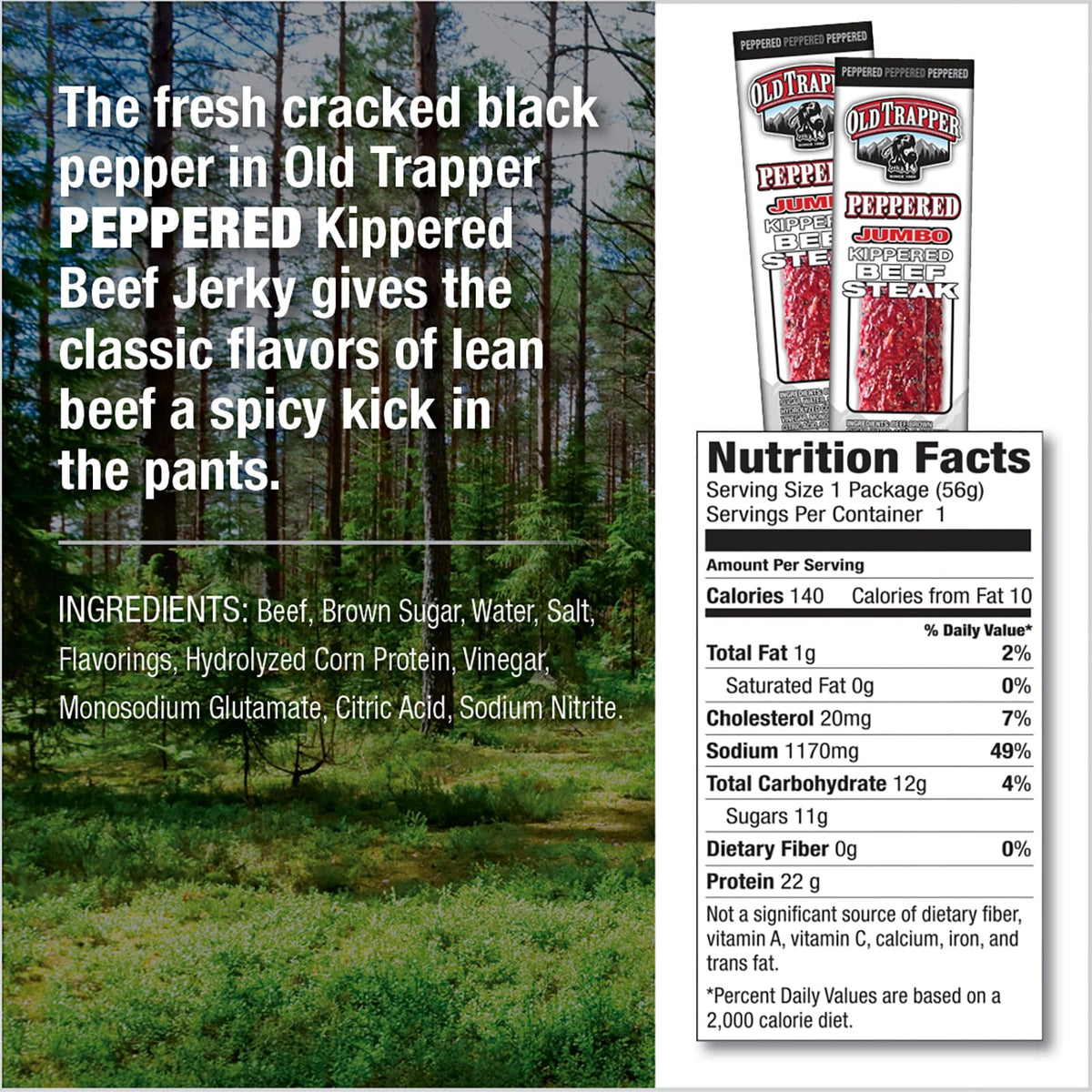 Old Trapper Peppered Kippered Beef Steak slices ready to eat high-protein snack
