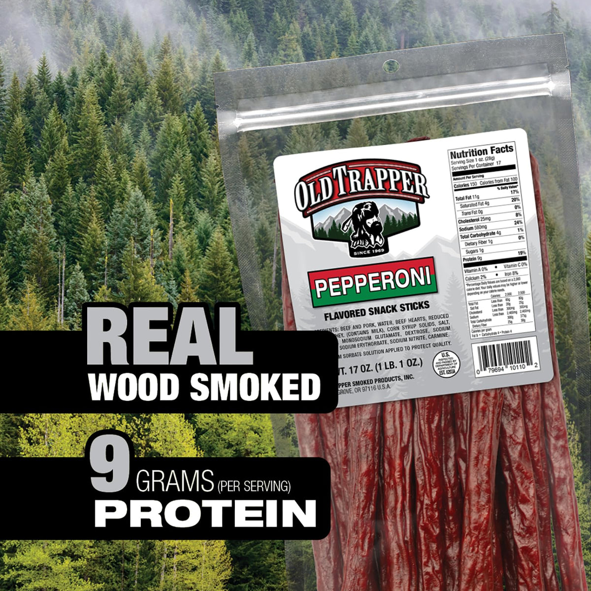 Close-up of Old Trapper Pepperoni Snack Sticks shows tender meat and smoky finish.