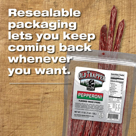 Nutrition panel highlights protein in Old Trapper sticks.