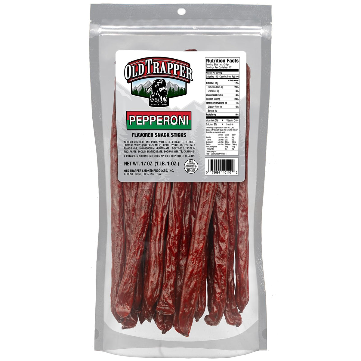 Old Trapper Pepperoni Snack Sticks in a resealable bag preserve freshness for on-the-go snacking.
