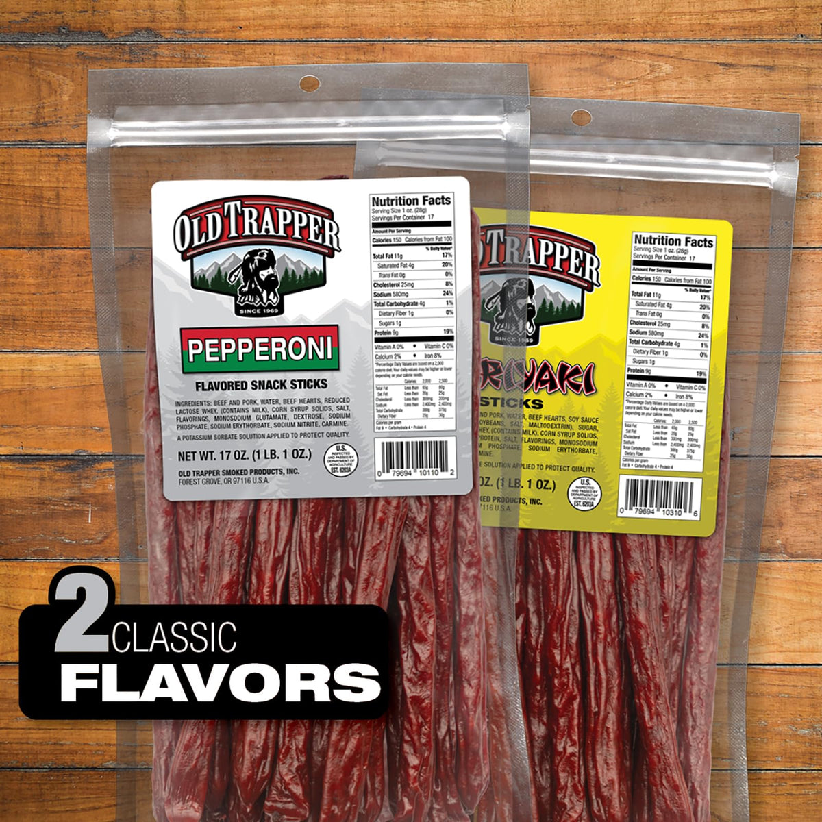 Natural wood smoke flavors Old Trapper Pepperoni Snack Sticks with bold taste.