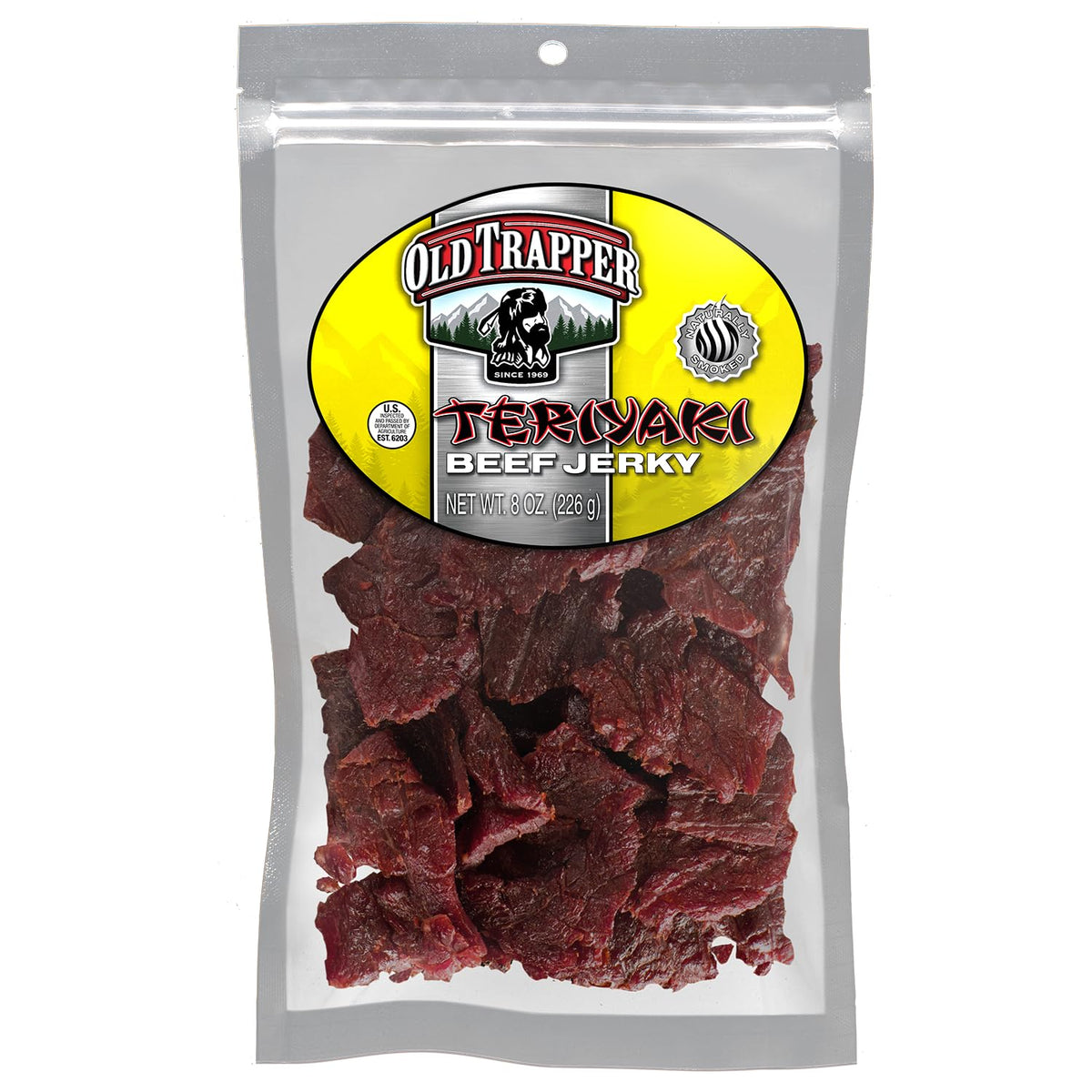 Old Trapper Teriyaki beef jerky 8oz pack in resealable bag for on-the-go snacking.