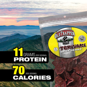 Old Trapper Teriyaki beef jerky close-up showing smoky, slightly sweet flavor.