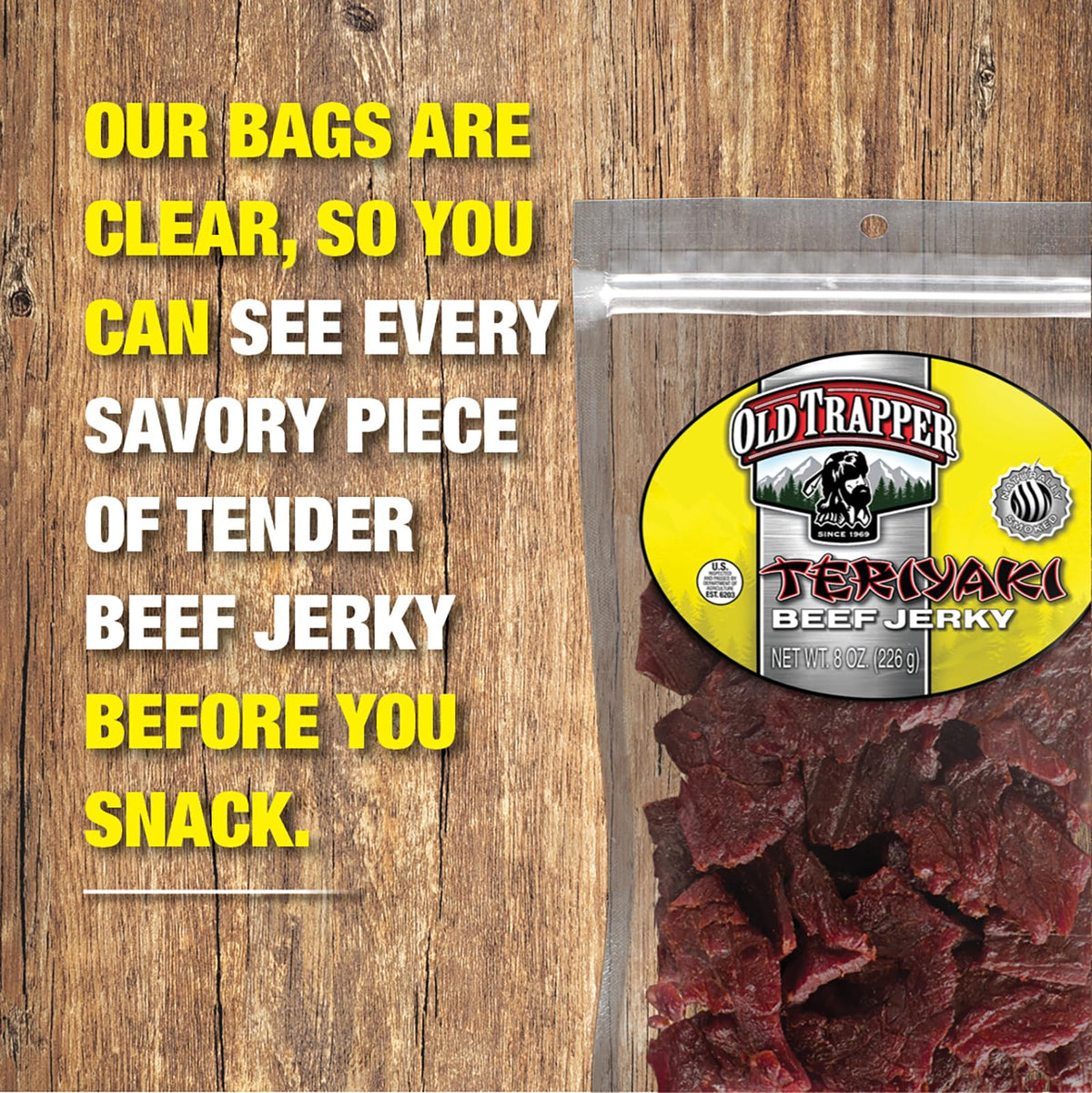 Old Trapper Teriyaki beef jerky tender slices ideal for lunches.