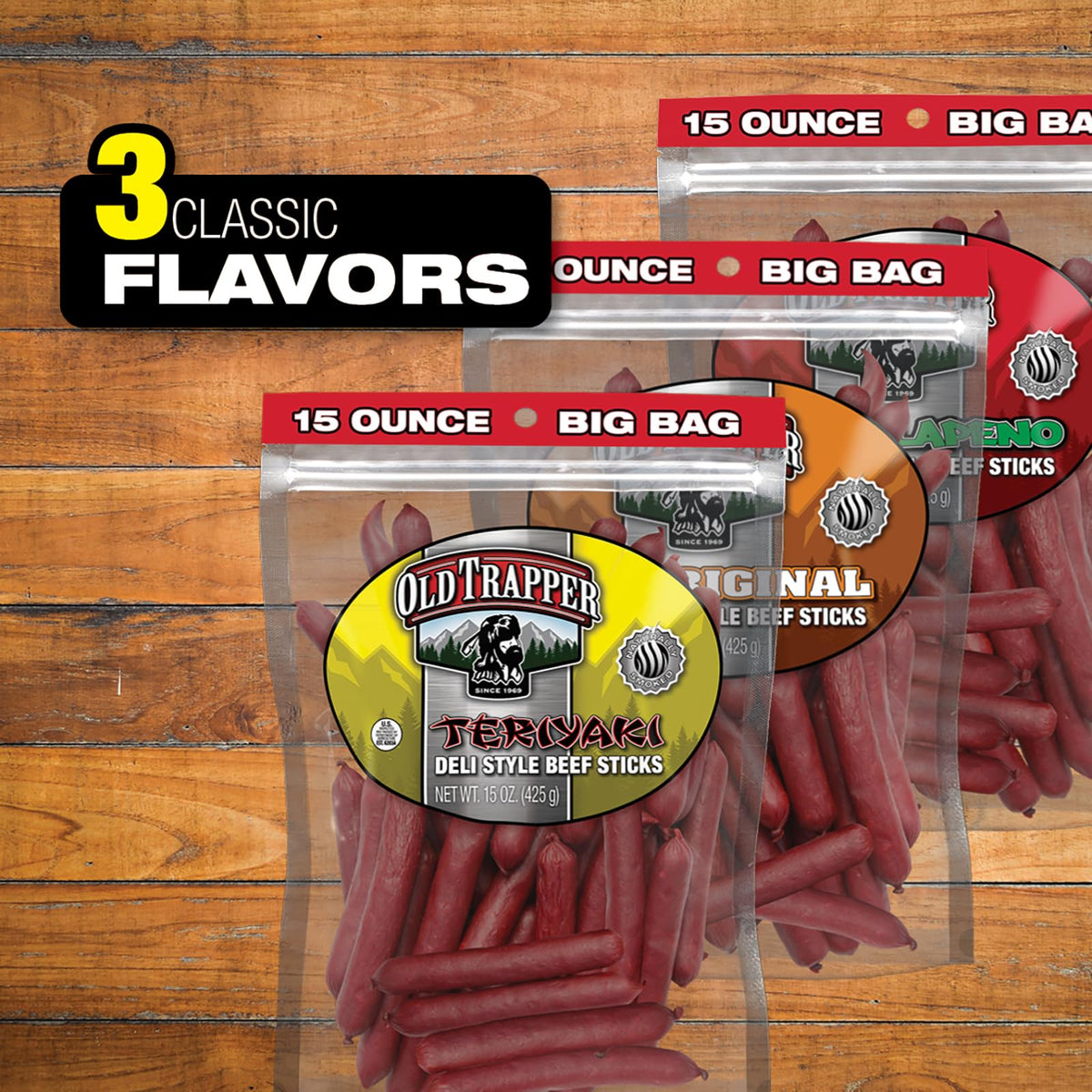 Old Trapper Teriyaki Beef Sticks ready to stash in a bag for travel or workouts