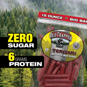 Texture close-up of Old Trapper Teriyaki Beef Sticks showing marinated meat