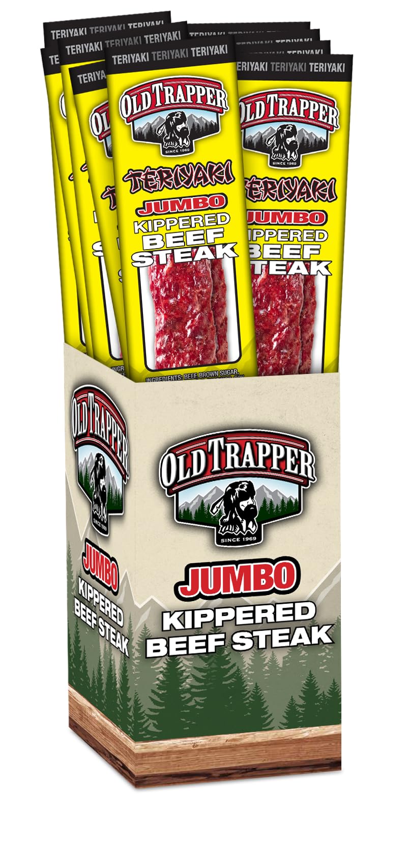 Old Trapper Teriyaki Kippered Steak beef slices close-up.