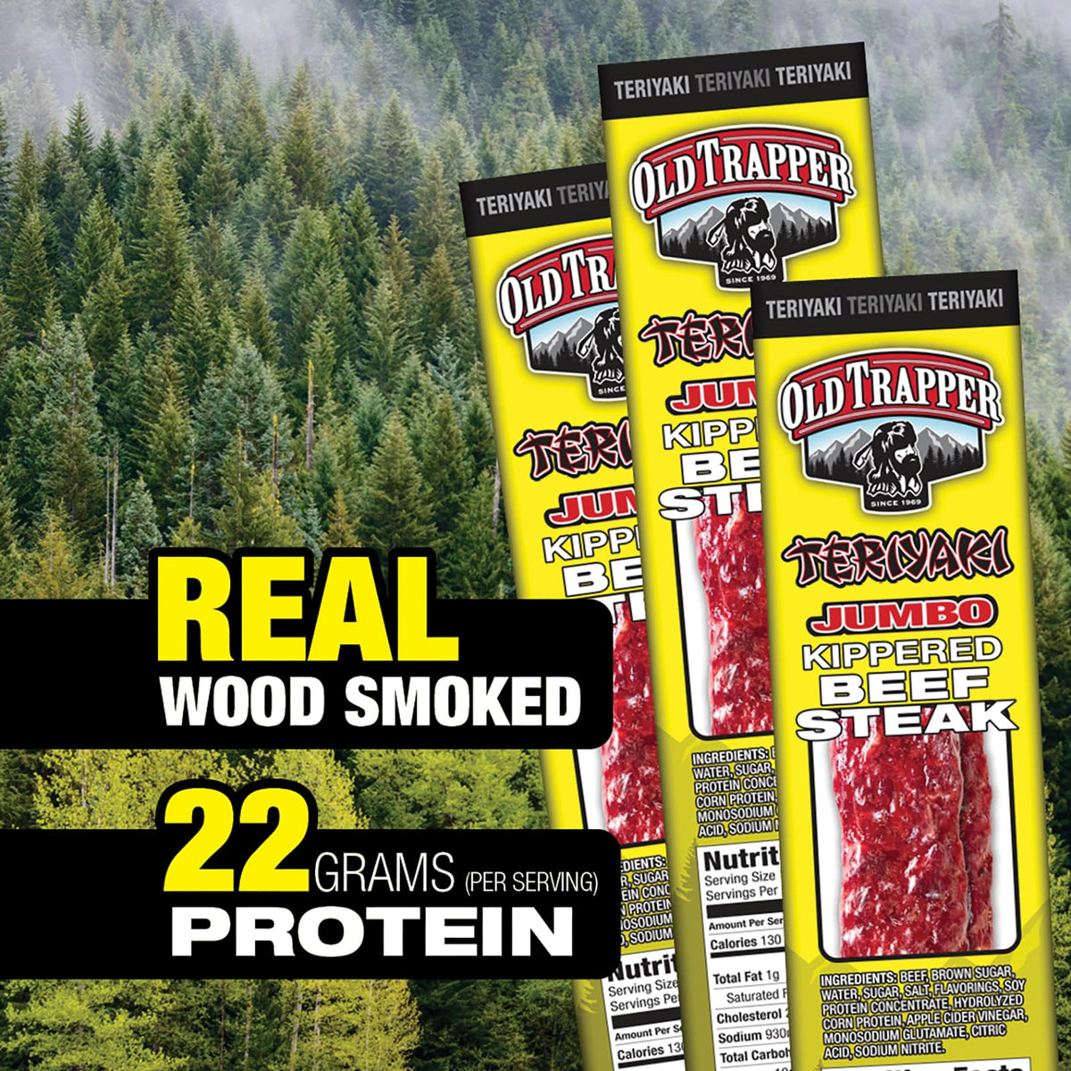 Old Trapper Teriyaki Kippered Steak brand label close-up showing natural wood smoke.