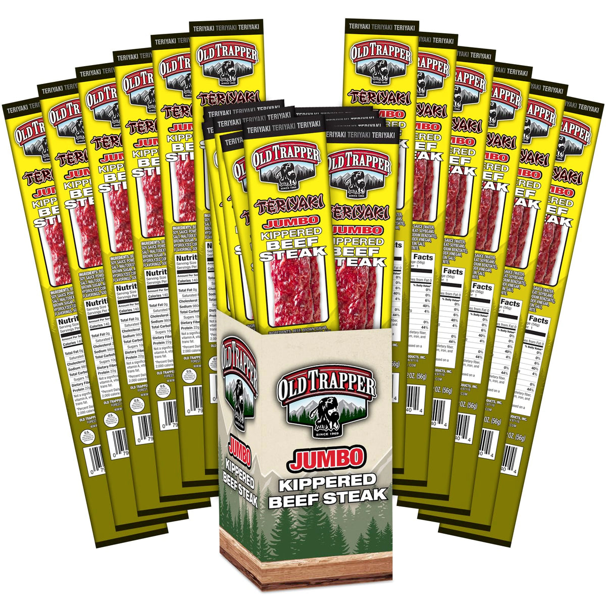 Old Trapper Teriyaki Kippered Steak packaging close-up highlighting smoky, savory flavor.