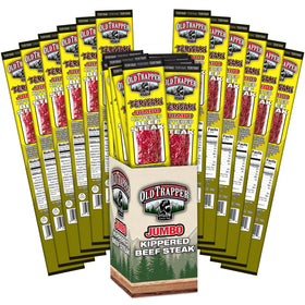 Old Trapper Teriyaki Kippered Steak packaging close-up highlighting smoky, savory flavor.