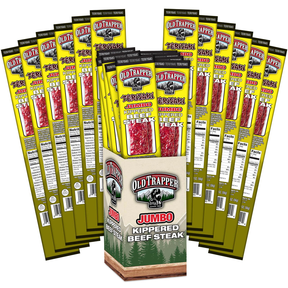 Old Trapper Teriyaki Kippered Steak packaging close-up highlighting smoky, savory flavor.